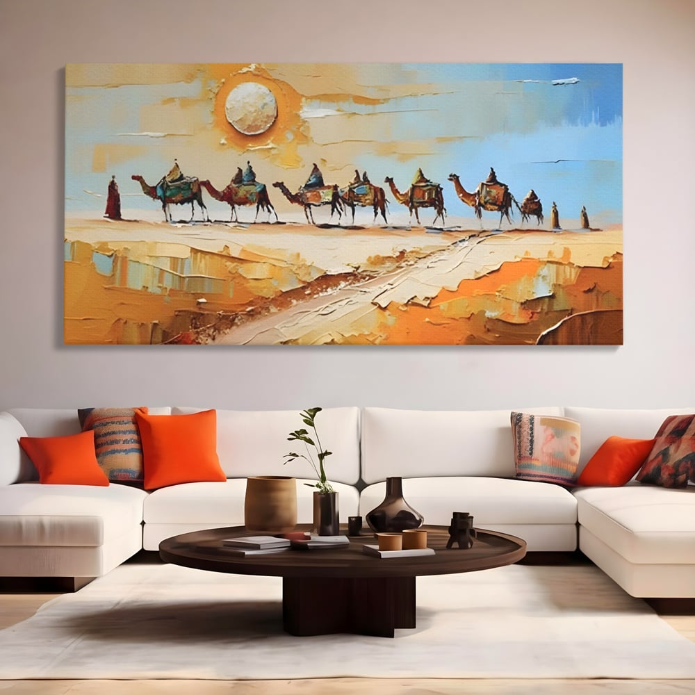 Tablou canvas cu pictura cu caravana de camile in desert, fara rama, pe sasiu de lemn, pe perete intr-un living