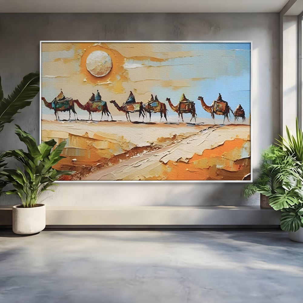 Tablou canvas cu pictura cu caravana de camile in desert, in rama de aluminiu argintiu