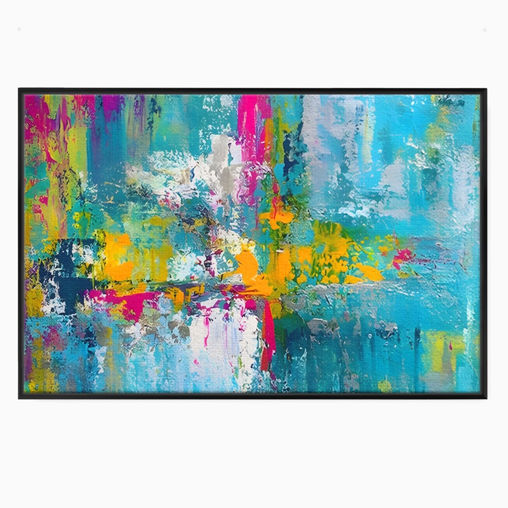 Tablou canvas cu pictura abstracta cu pete albastre si galbene, in rama de aluminiu negru
