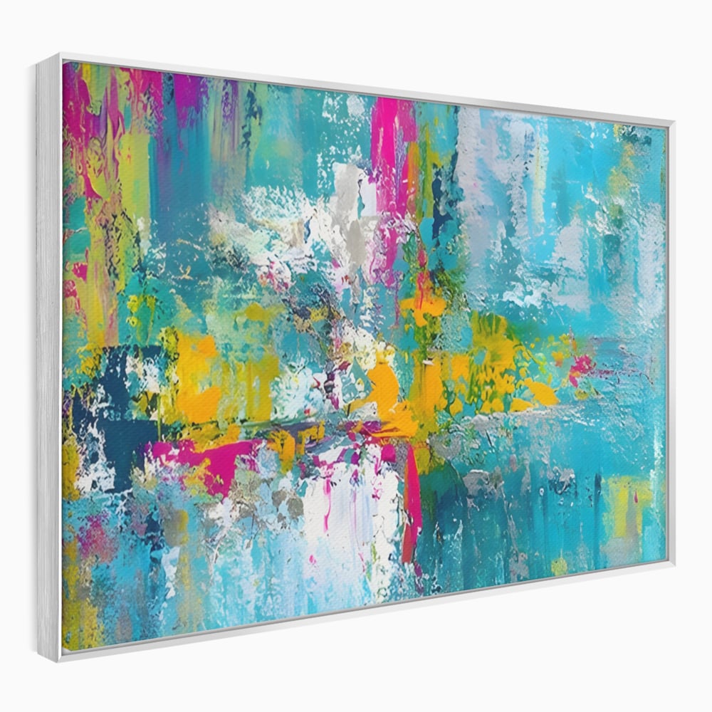 Tablou canvas cu pictura abstracta cu pete albastre si galbene, in rama de aluminiu argintiu