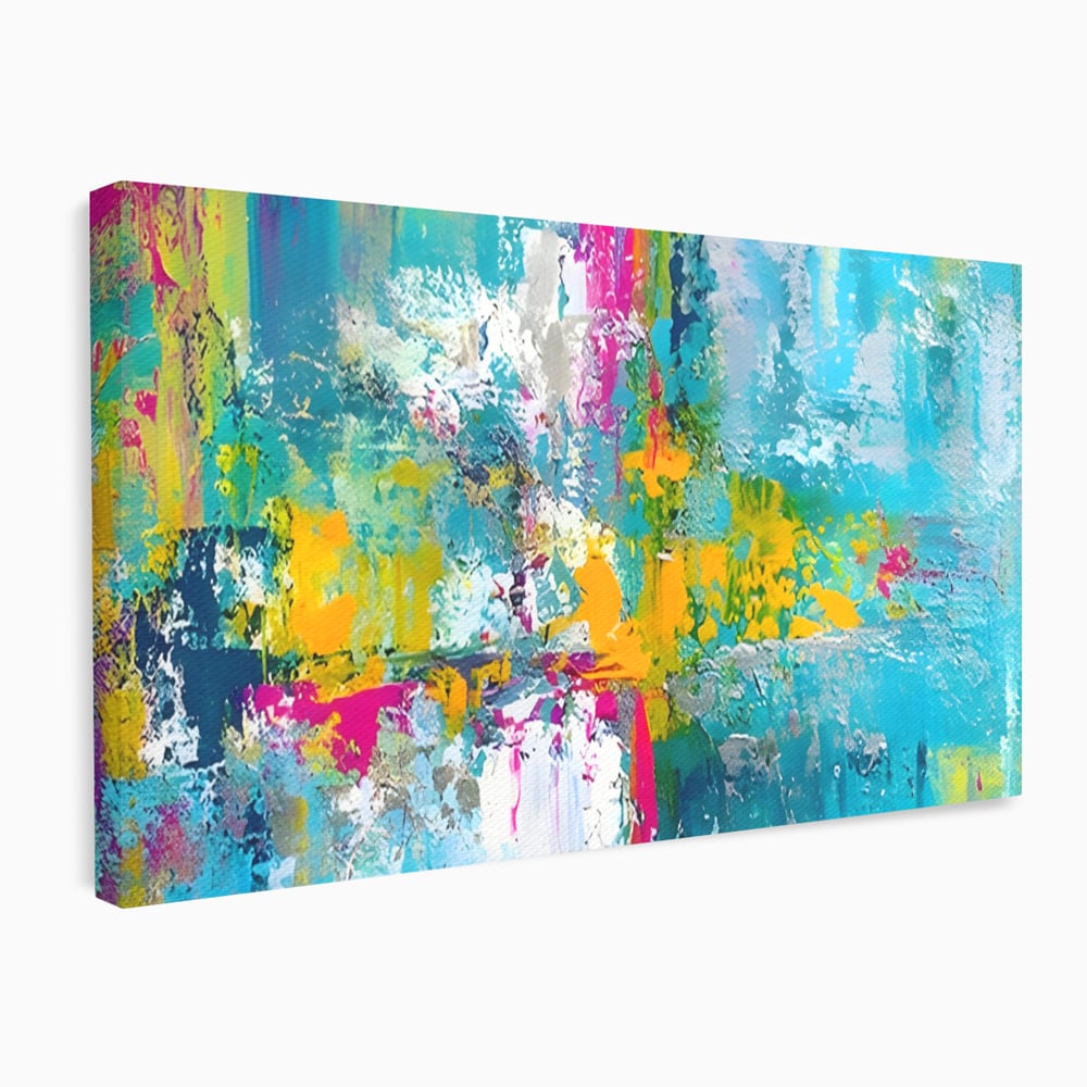 Tablou canvas cu pictura abstracta cu pete albastre si galbene, fara rama, pe sasiu de lemn