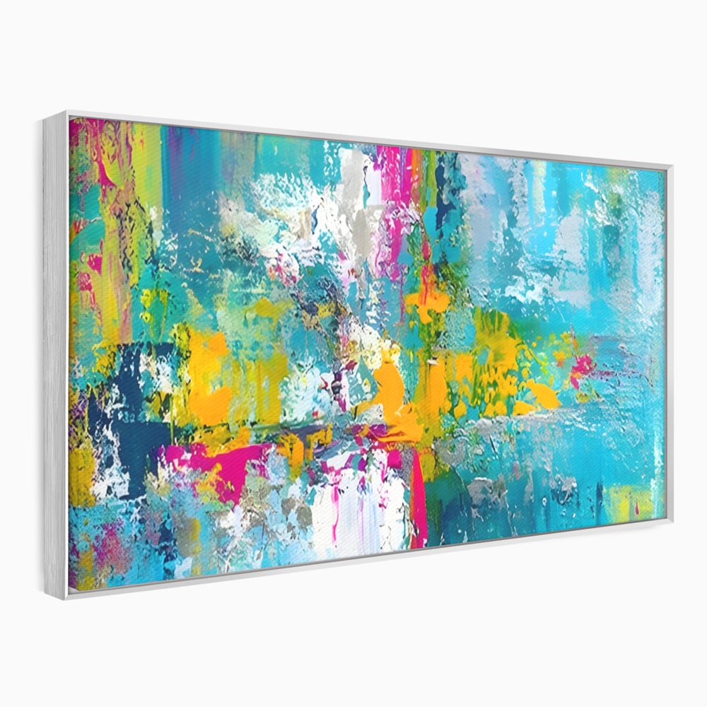 Tablou canvas cu pictura abstracta cu pete albastre si galbene, in rama de aluminiu argintiu
