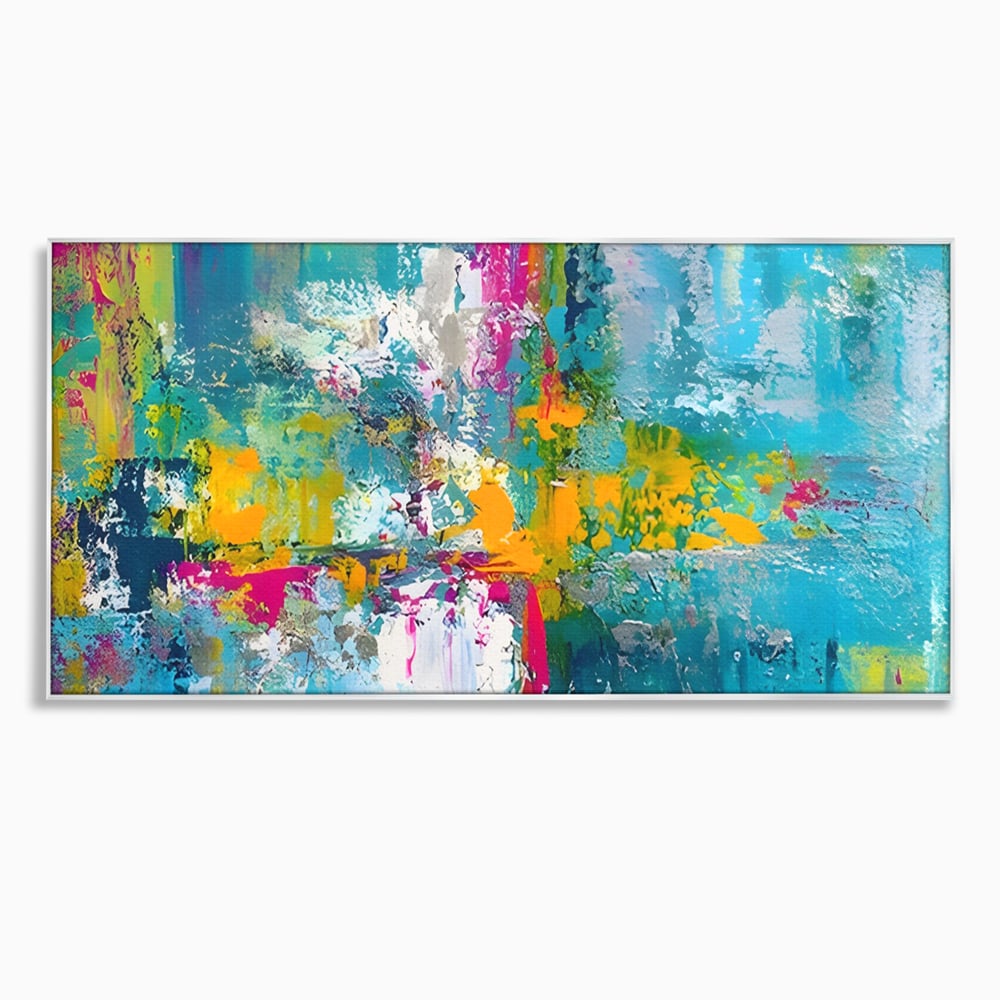 Tablou canvas cu pictura abstracta cu pete albastre si galbene, in rama de aluminiu argintiu