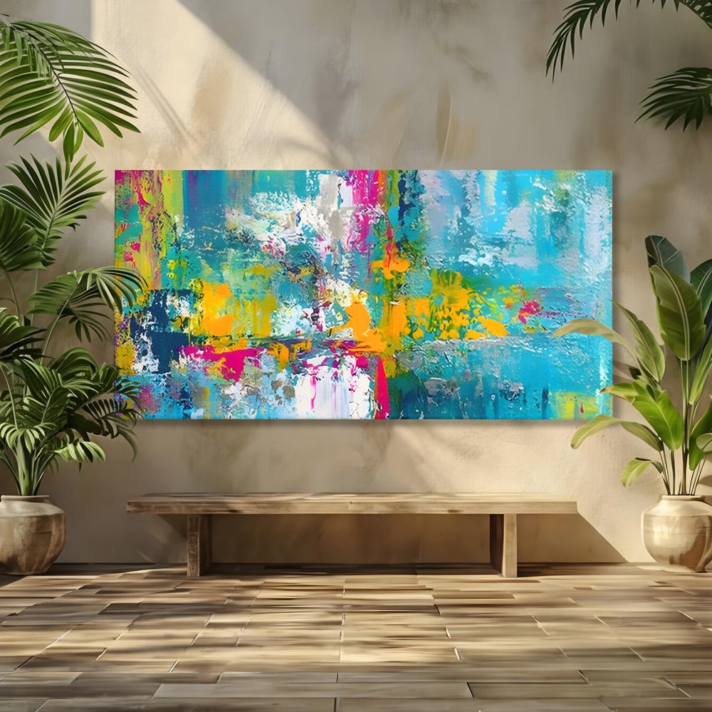 Tablou canvas cu pictura abstracta cu pete albastre si galbene, fara rama, pe sasiu de lemn