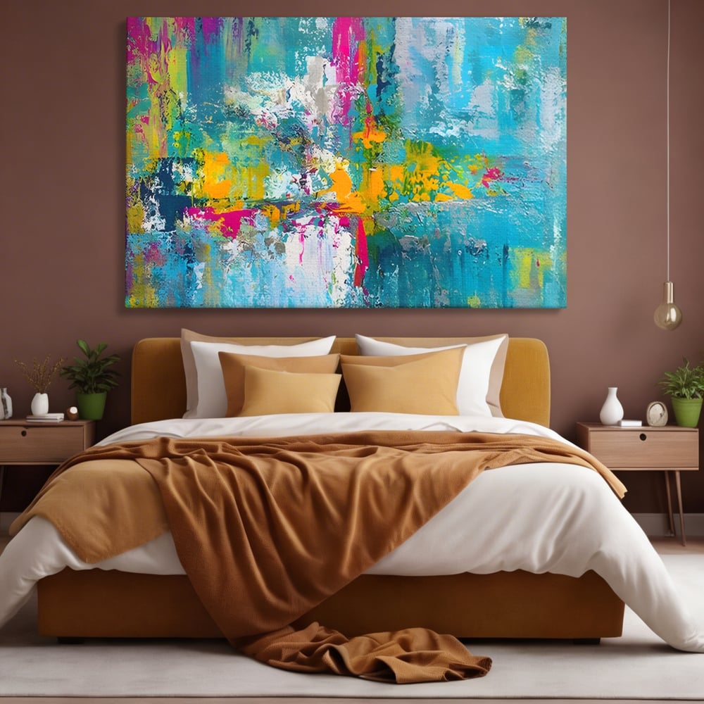 Tablou canvas cu pictura abstracta cu pete albastre si galbene, fara rama, pe sasiu de lemn, pe perete intr-un dormitor