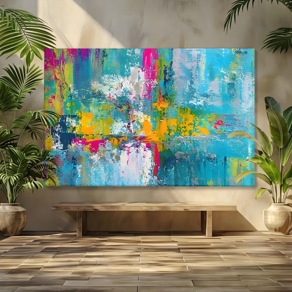 Tablou canvas cu pictura abstracta cu pete albastre si galbene, fara rama, pe sasiu de lemn