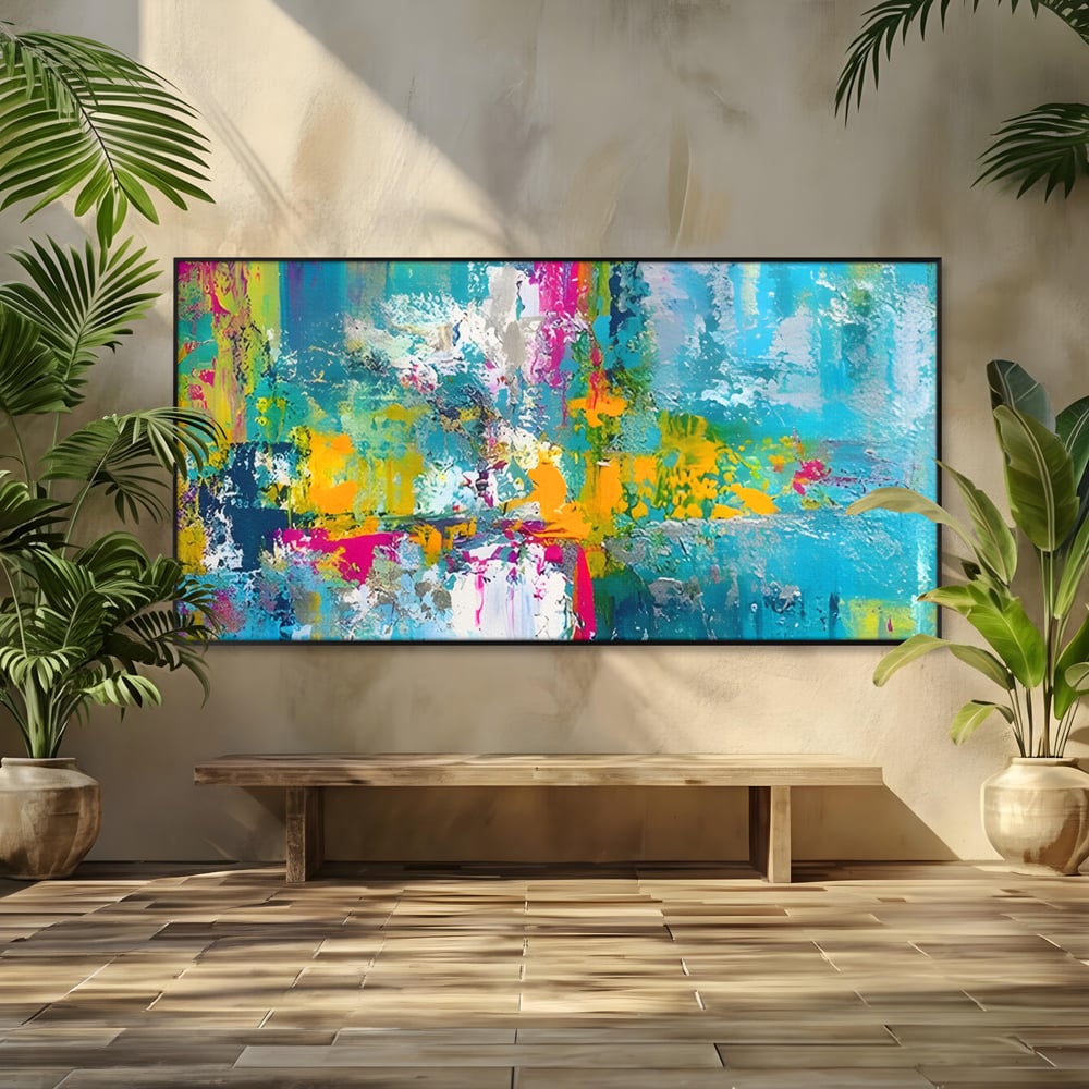 Tablou canvas cu pictura abstracta cu pete albastre si galbene, in rama de aluminiu negru