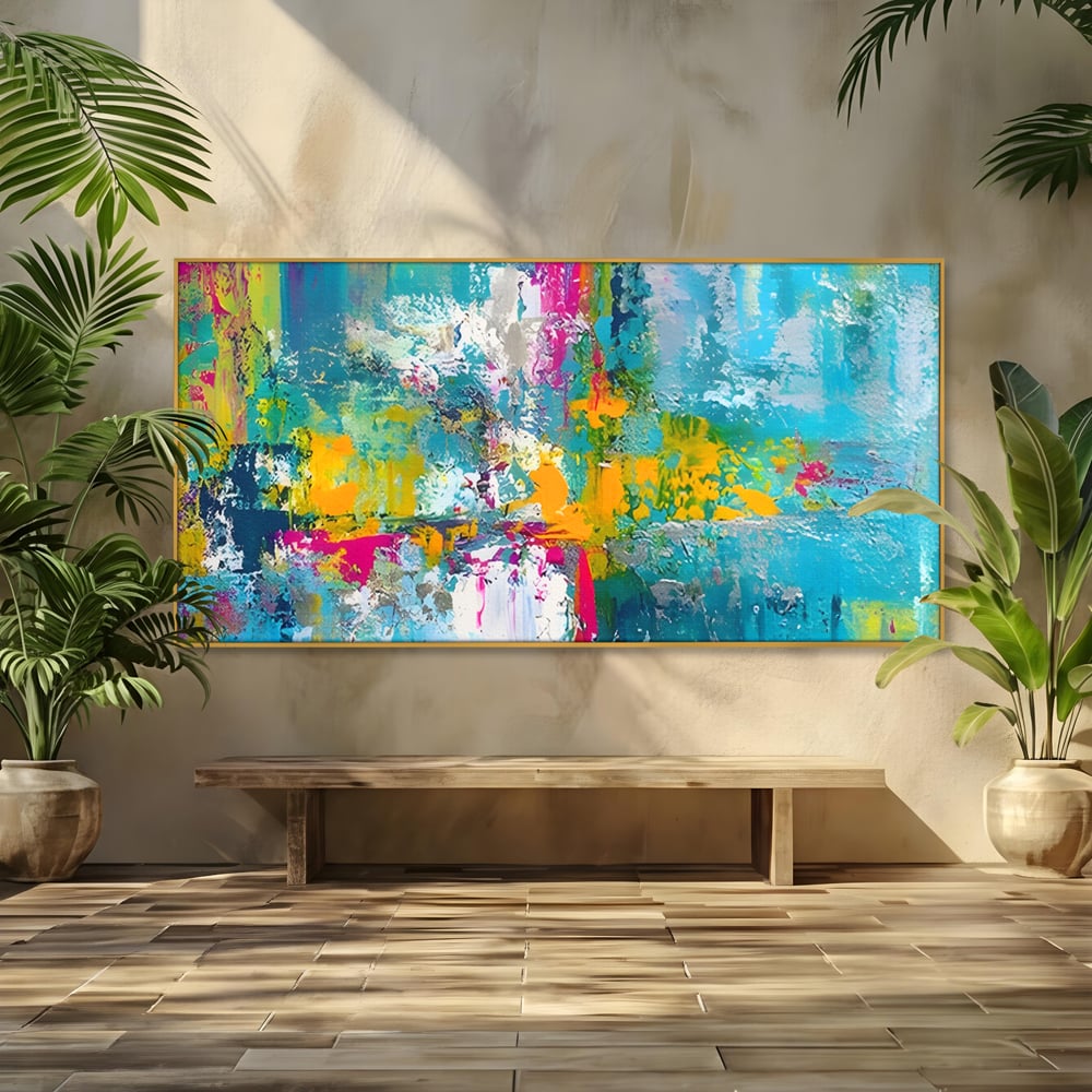 Tablou canvas cu pictura abstracta cu pete albastre si galbene, in rama de aluminiu auriu