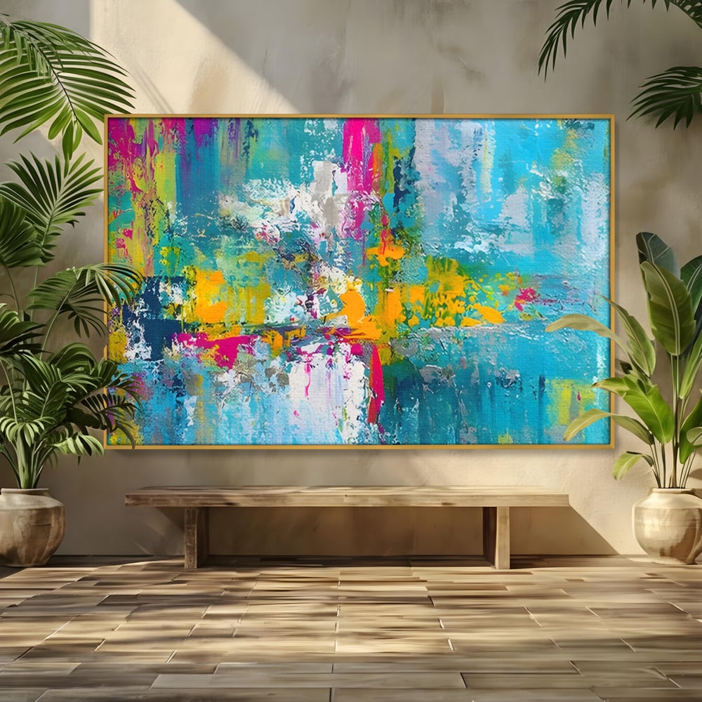 Tablou canvas cu pictura abstracta cu pete albastre si galbene, in rama de aluminiu auriu