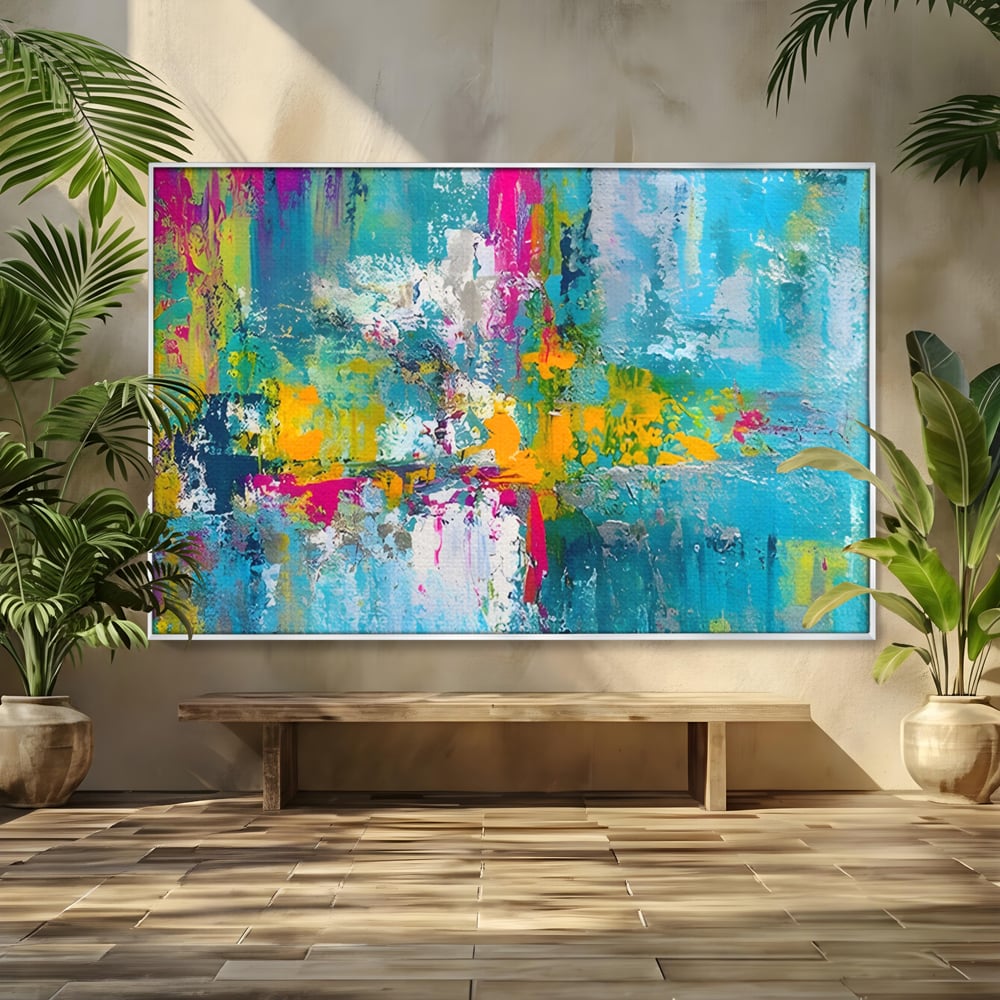 Tablou canvas cu pictura abstracta cu pete albastre si galbene, in rama de aluminiu argintiu