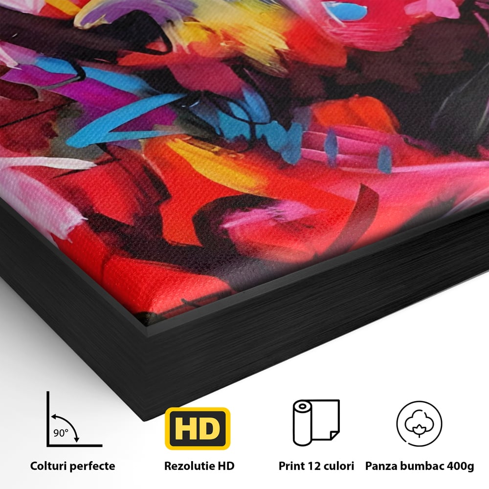 Detaliu al suprafetei: tablou canvas cu graffiti rosu, in rama de aluminiu negru
