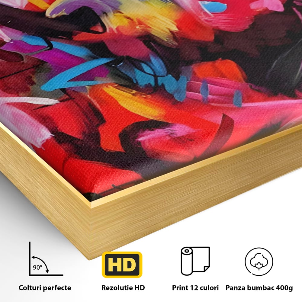 Detaliu al suprafetei: tablou canvas cu graffiti rosu, in rama de aluminiu auriu