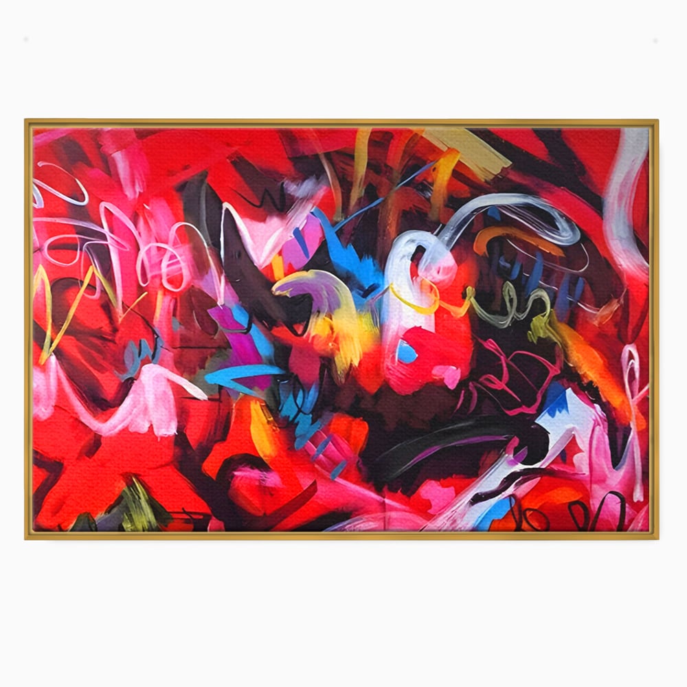 Tablou canvas cu tablou canvas cu graffiti rosu, in rama de aluminiu auriu