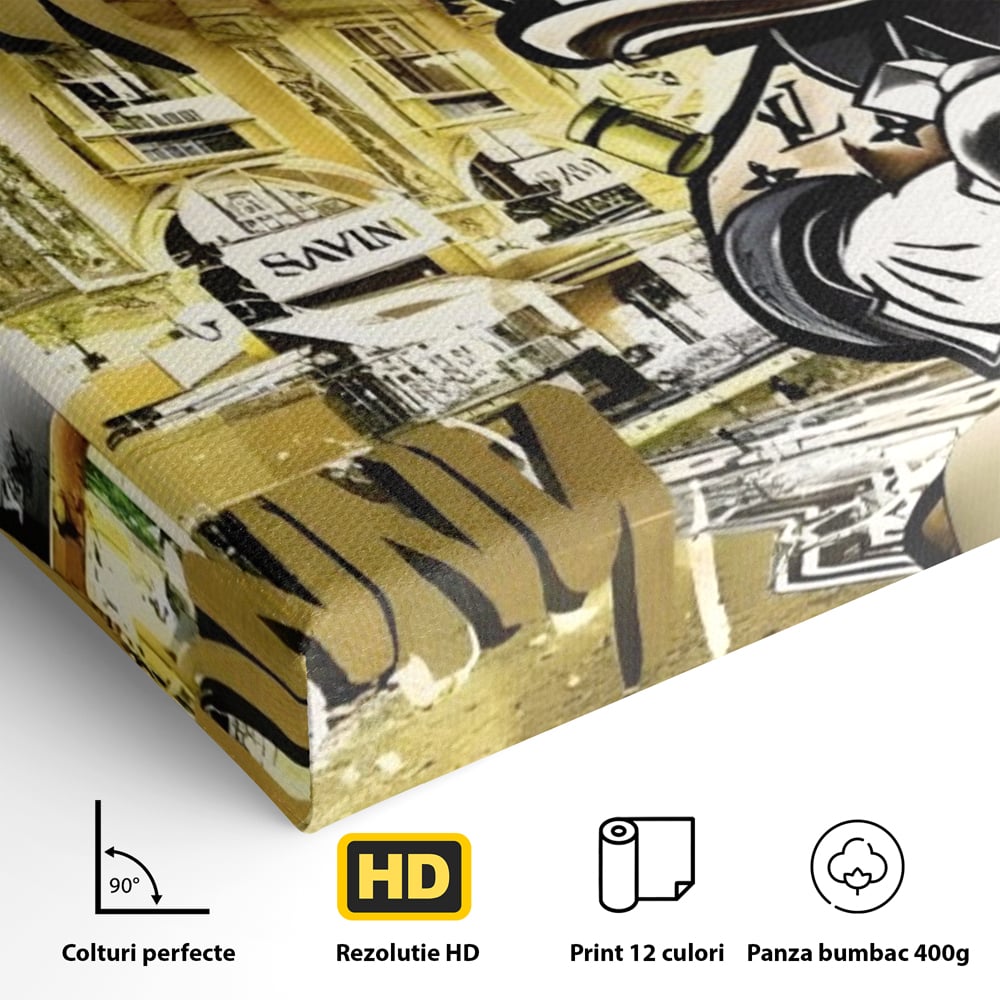 Detaliu al suprafetei: tablou canvas cu rata scrooge mcduck si graffiti, fara rama, pe sasiu de lemn