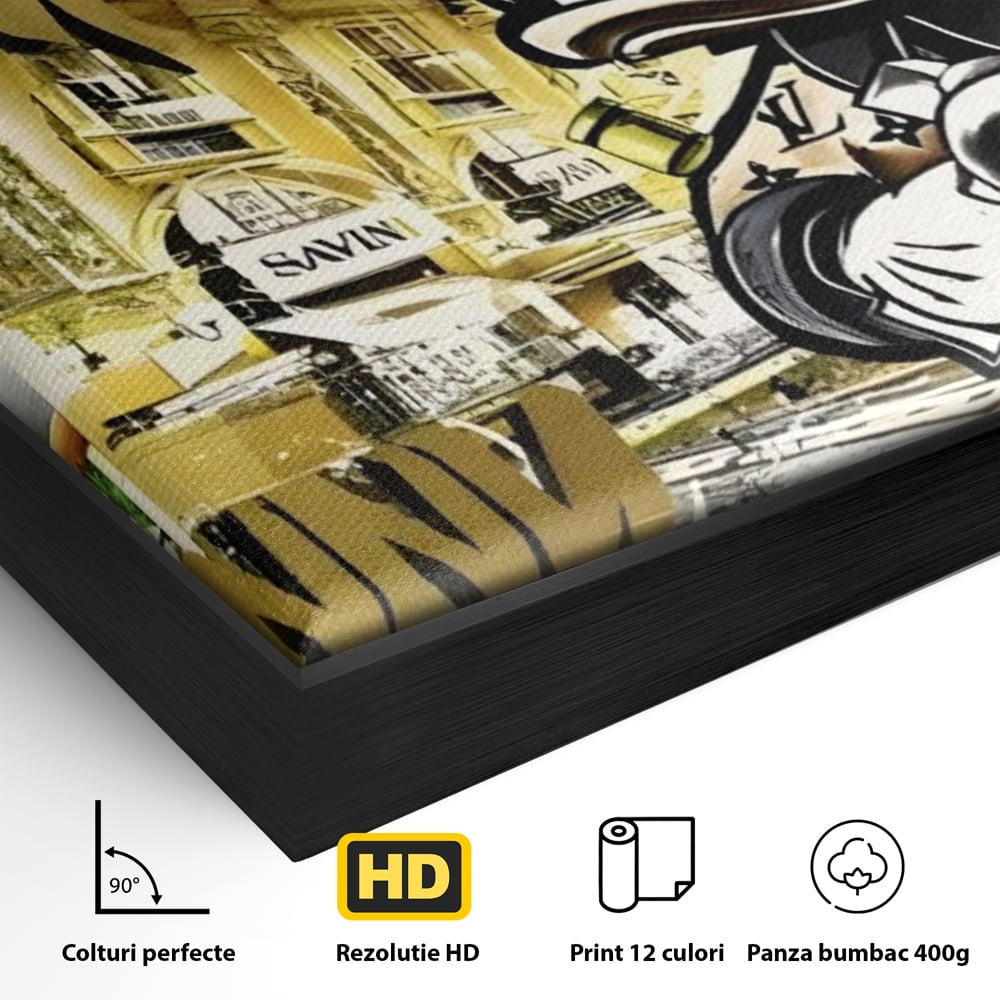 Detaliu al suprafetei: tablou canvas cu rata scrooge mcduck si graffiti, in rama de aluminiu negru