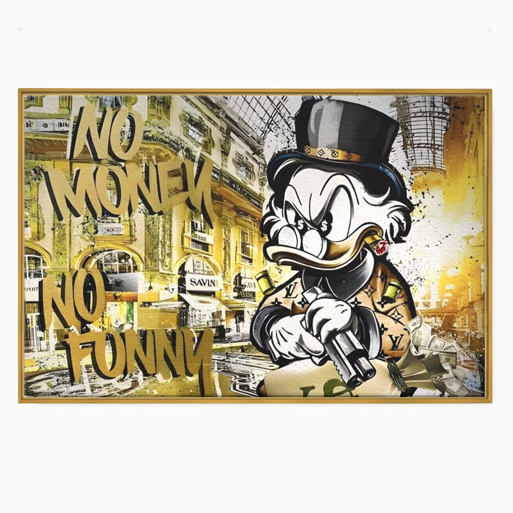 Tablou canvas cu tablou canvas cu rata scrooge mcduck si graffiti, in rama de aluminiu auriu