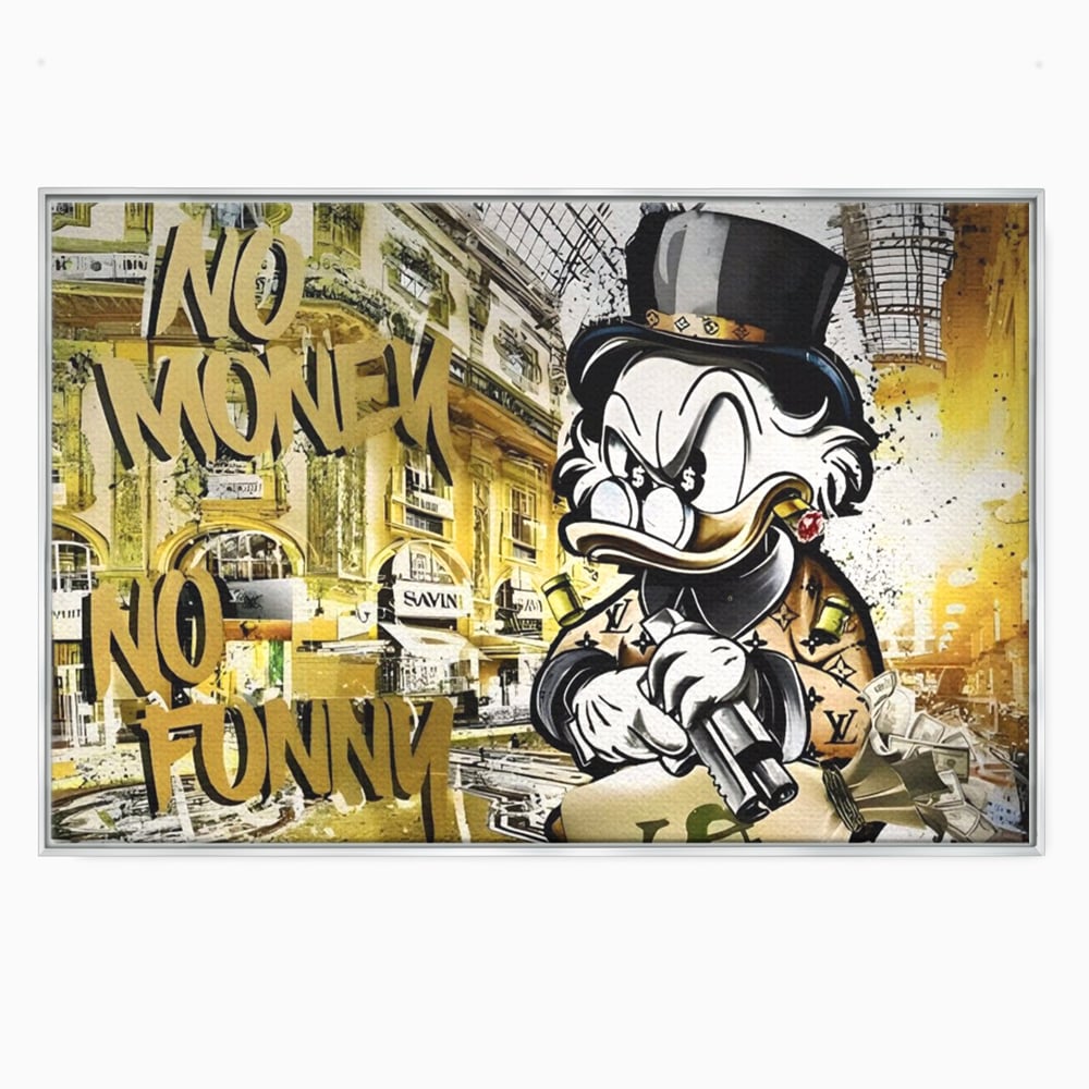 Tablou canvas cu tablou canvas cu rata scrooge mcduck si graffiti, in rama de aluminiu argintiu