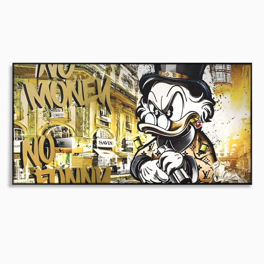 Tablou canvas cu tablou canvas cu rata scrooge mcduck si graffiti, in rama de aluminiu negru
