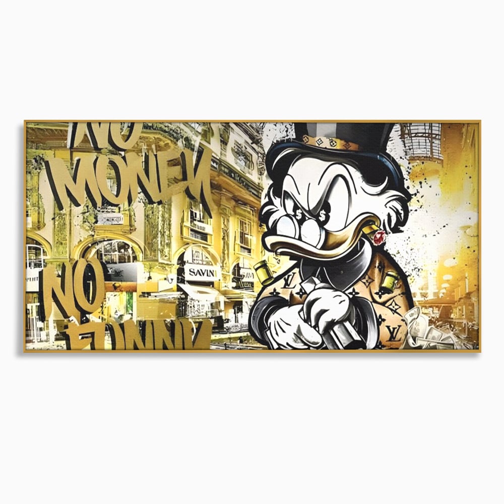 Tablou canvas cu tablou canvas cu rata scrooge mcduck si graffiti, in rama de aluminiu auriu