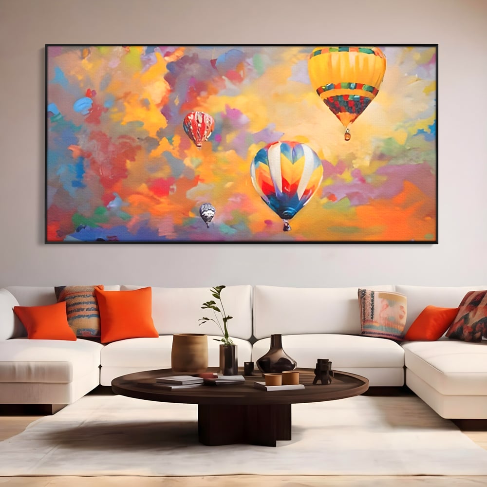Tablou canvas cu tablou pictura baloane cu aer cald, in rama de aluminiu negru, pe perete intr-un living