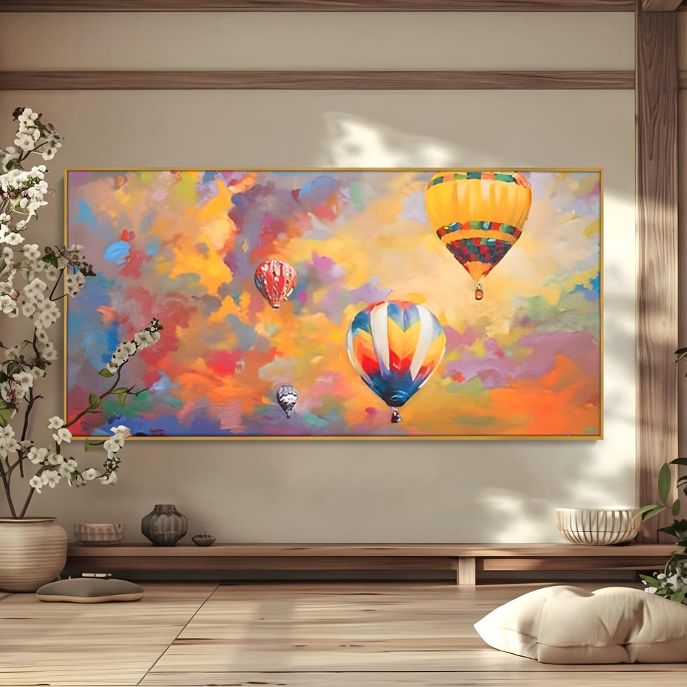 Tablou canvas cu tablou pictura baloane cu aer cald, in rama de aluminiu auriu