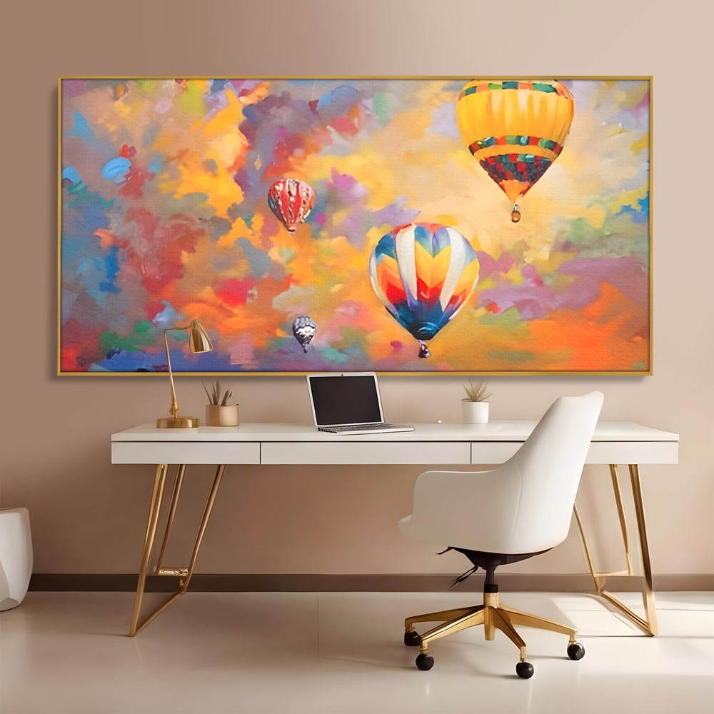 Tablou canvas cu tablou pictura baloane cu aer cald, in rama de aluminiu auriu, pe perete intr-un birou