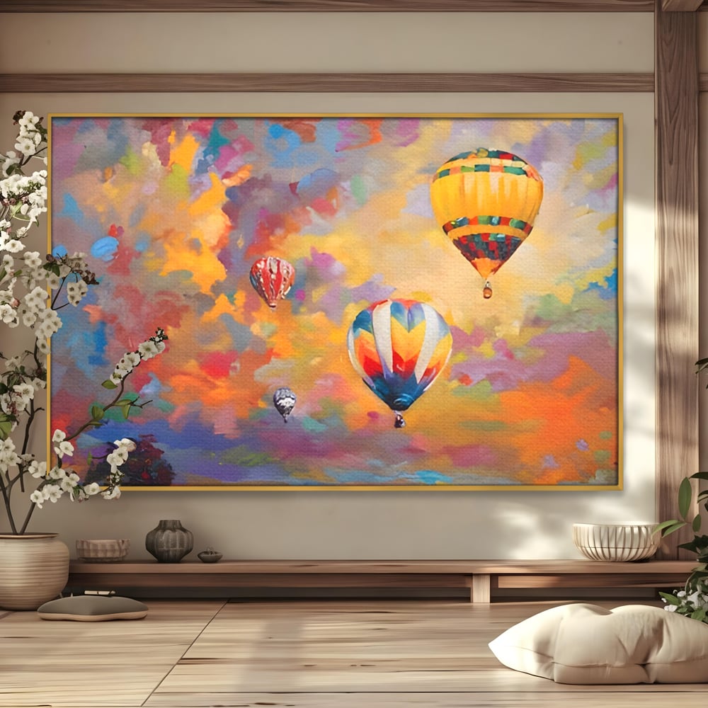 Tablou canvas cu tablou pictura baloane cu aer cald, in rama de aluminiu auriu