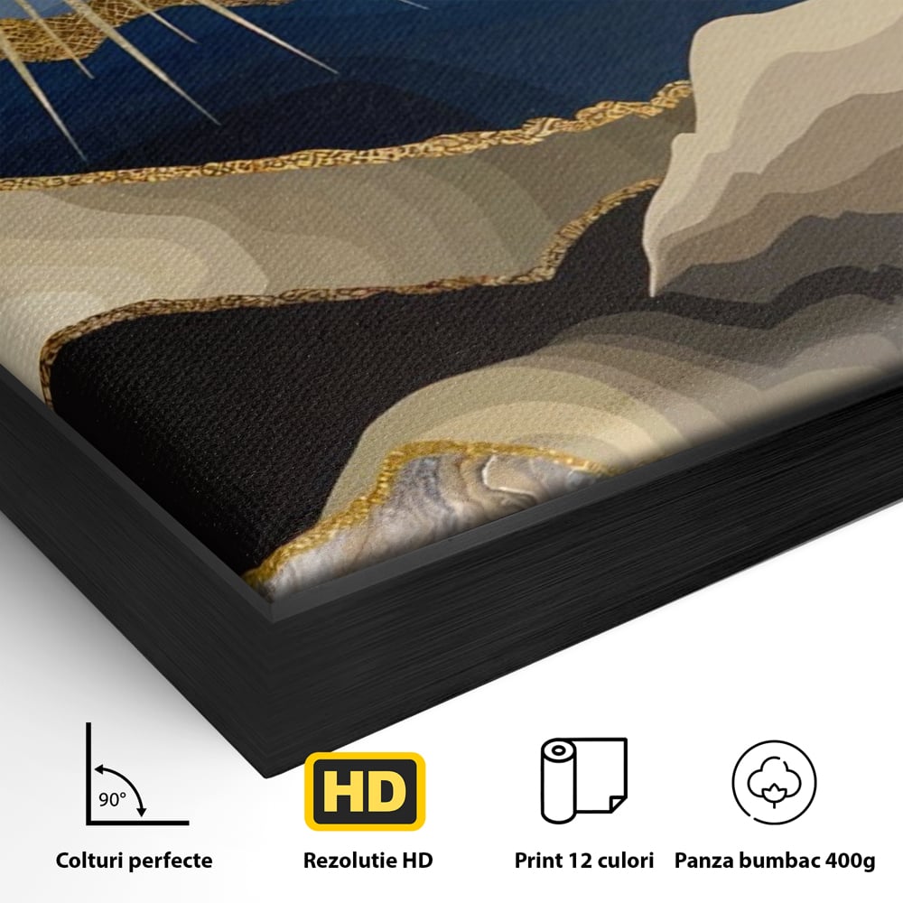 Detaliu al suprafetei: tablou canvas cu peisaj montan, in rama de aluminiu negru