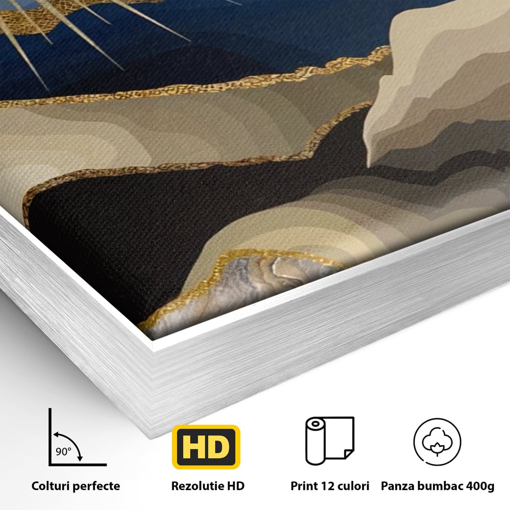 Detaliu al suprafetei: tablou canvas cu peisaj montan, in rama de aluminiu argintiu