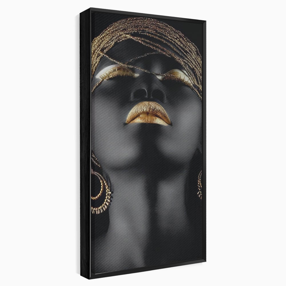 Tablou canvas cu tablou canvas cu femeie si detalii aurii, in rama de aluminiu negru