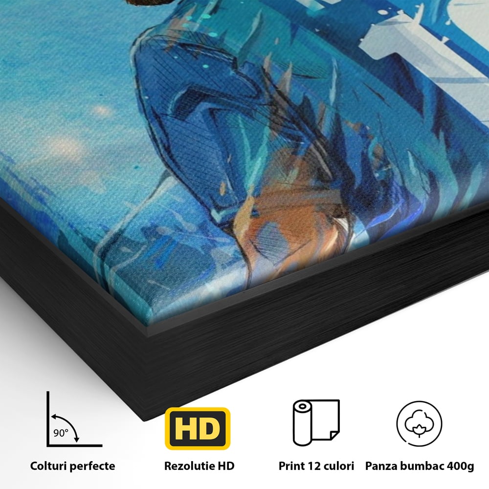 Detaliu al suprafetei: ilustratie digitala cu messi, in rama de aluminiu negru