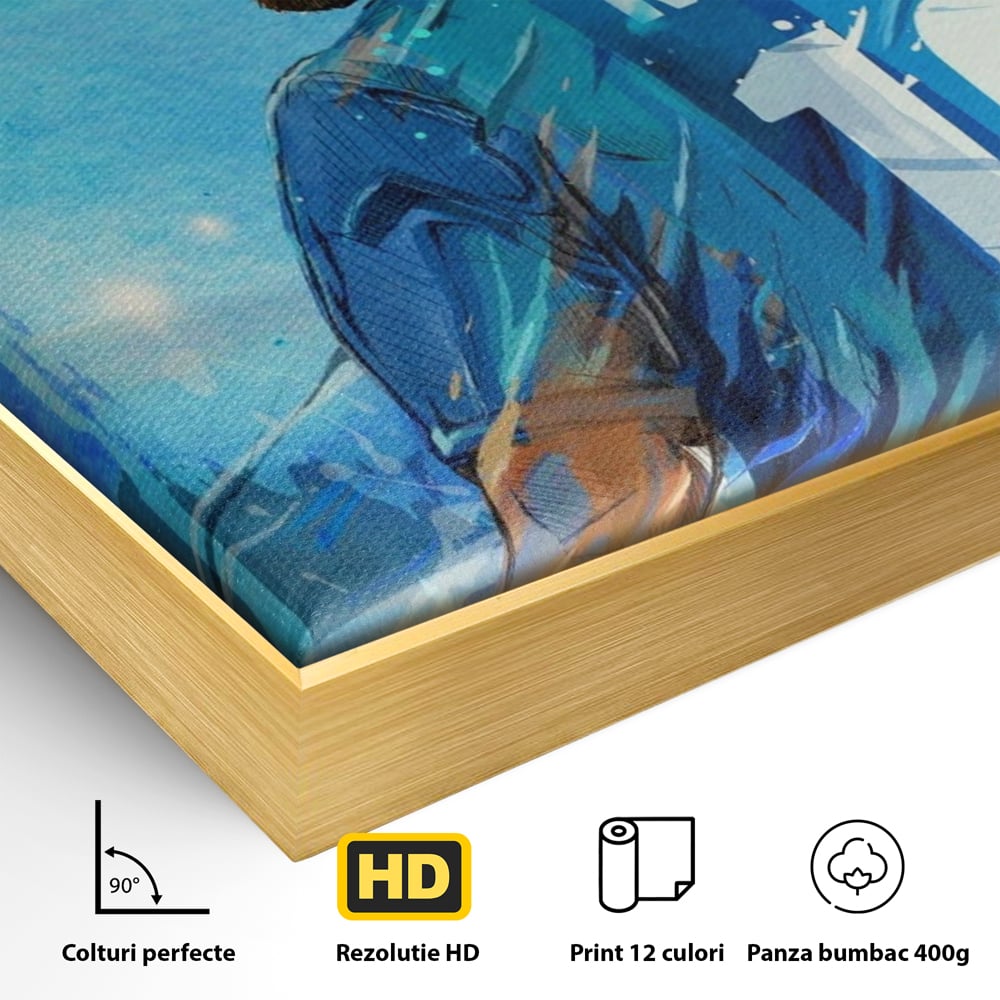 Detaliu al suprafetei: ilustratie digitala cu messi, in rama de aluminiu auriu