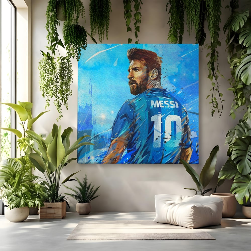 Tablou canvas cu ilustratie digitala cu messi, fara rama, pe sasiu de lemn