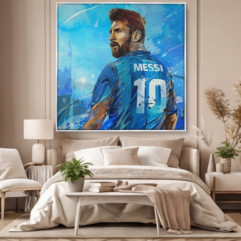 Tablou canvas cu ilustratie digitala cu messi, in rama de aluminiu argintiu, pe perete intr-un dormitor