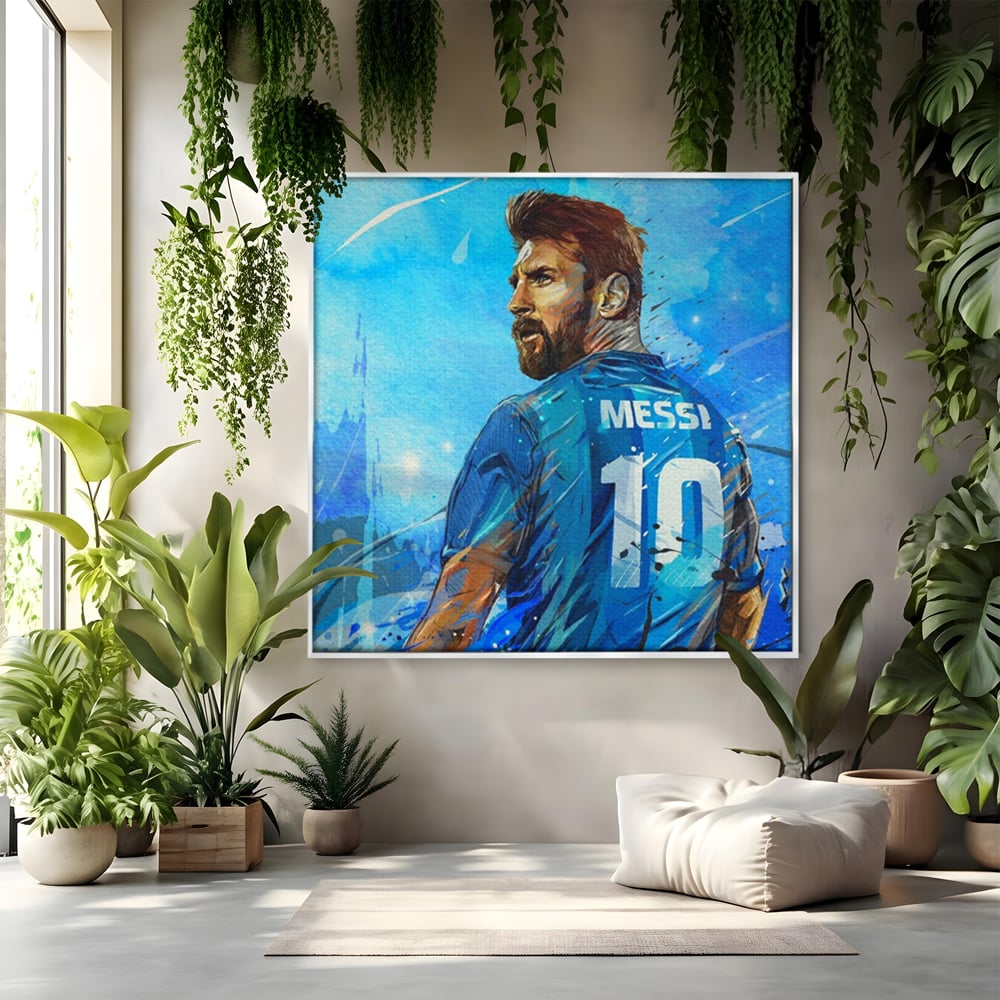 Tablou canvas cu ilustratie digitala cu messi, in rama de aluminiu argintiu