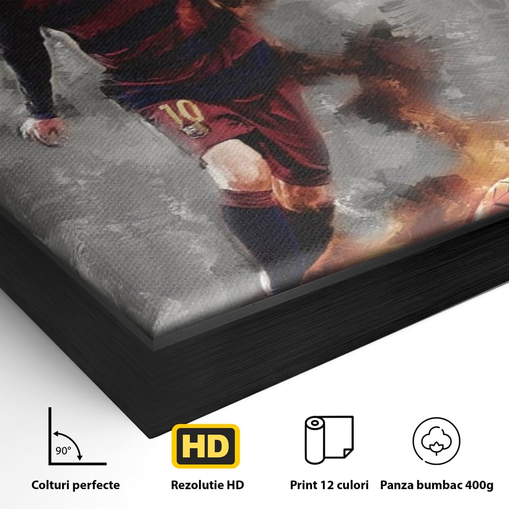 Detaliu al suprafetei: tablou canvas cu fotbalistul lionel messi, in rama de aluminiu negru