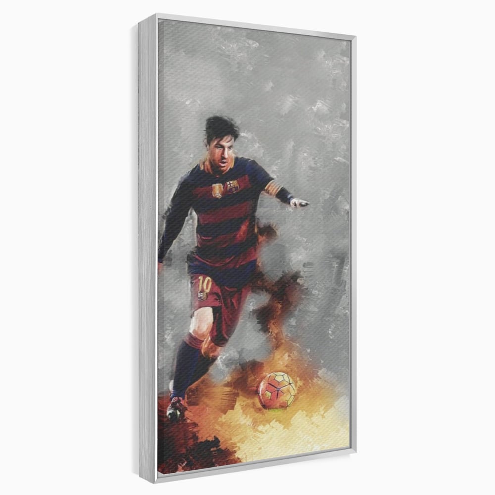 Tablou canvas cu tablou canvas cu fotbalistul lionel messi, in rama de aluminiu argintiu