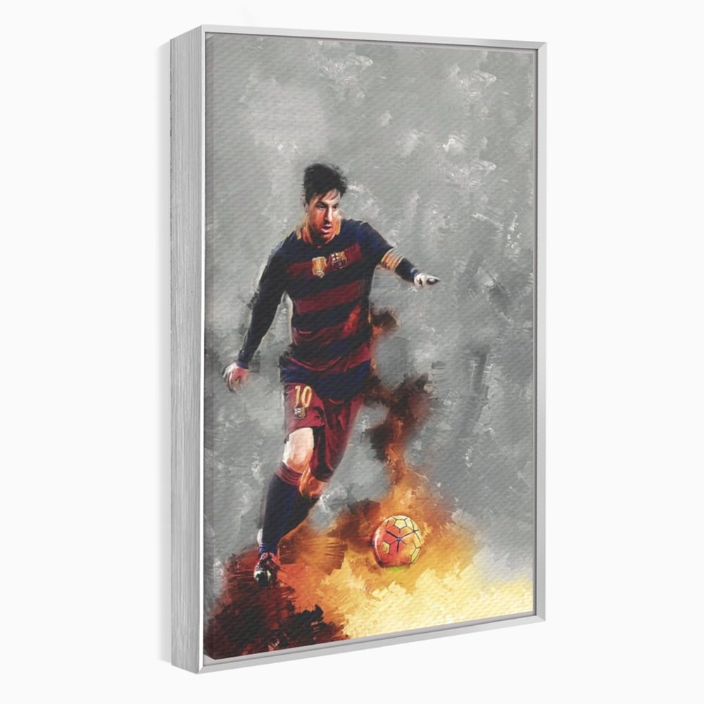 Tablou canvas cu tablou canvas cu fotbalistul lionel messi, in rama de aluminiu argintiu