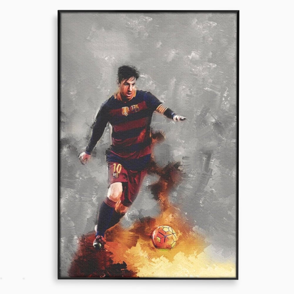 Tablou canvas cu tablou canvas cu fotbalistul lionel messi, in rama de aluminiu negru