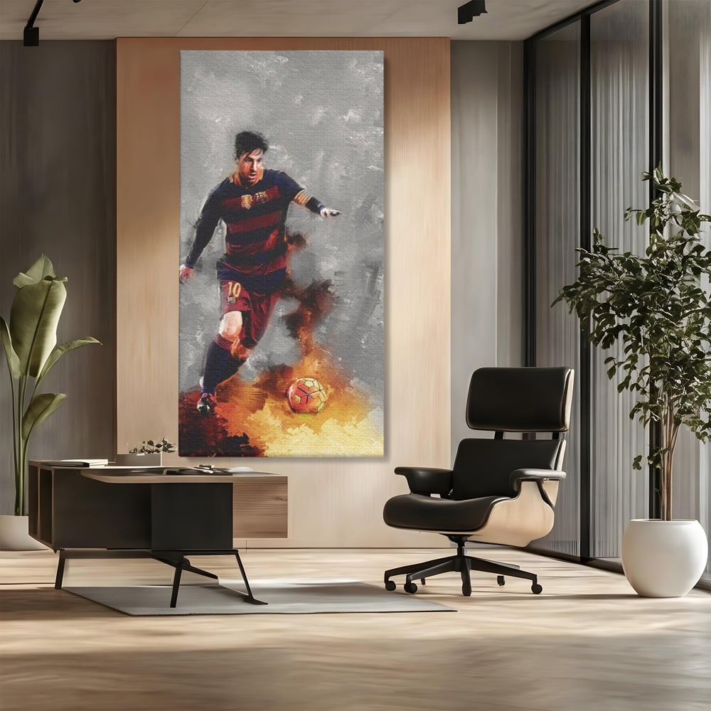 Tablou canvas cu tablou canvas cu fotbalistul lionel messi, fara rama, pe sasiu de lemn, pe perete intr-un birou