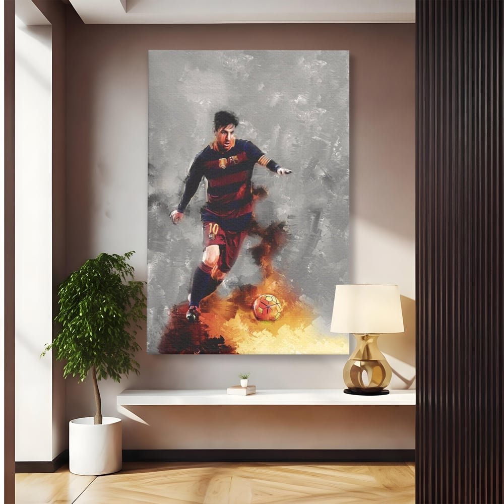 Tablou canvas cu tablou canvas cu fotbalistul lionel messi, fara rama, pe sasiu de lemn