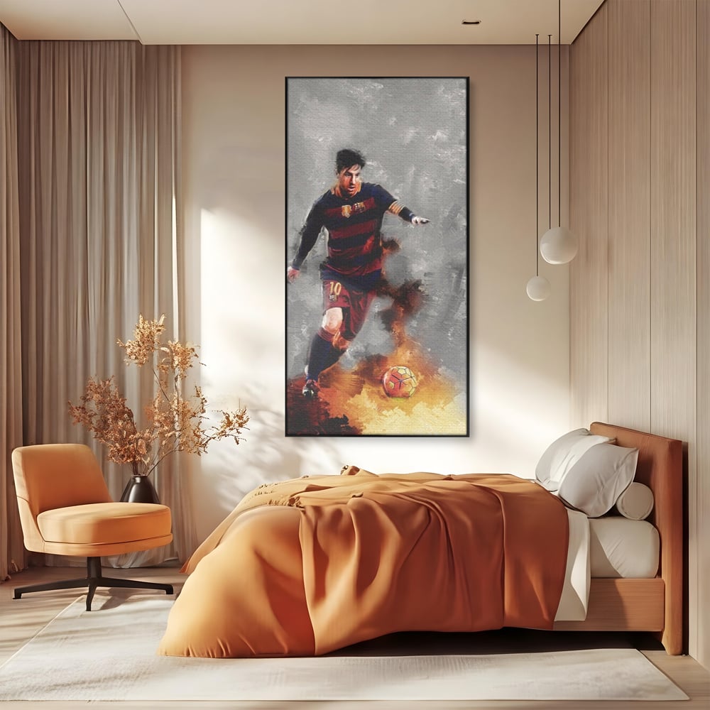 Tablou canvas cu tablou canvas cu fotbalistul lionel messi, in rama de aluminiu negru, pe perete intr-un dormitor
