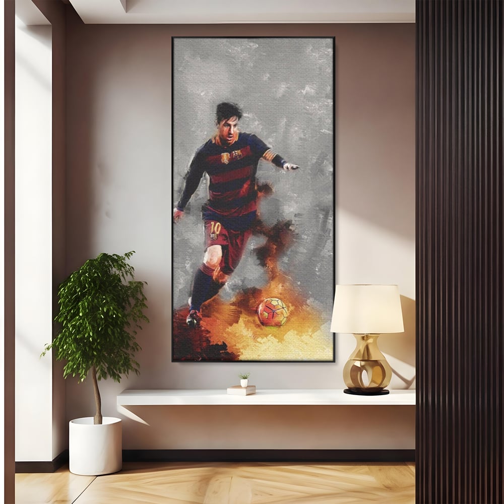 Tablou canvas cu tablou canvas cu fotbalistul lionel messi, in rama de aluminiu negru