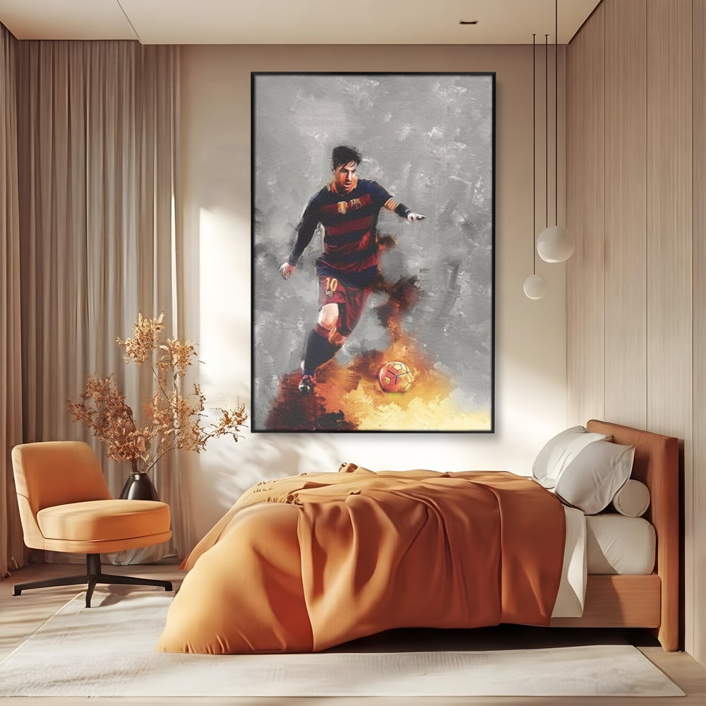 Tablou canvas cu tablou canvas cu fotbalistul lionel messi, in rama de aluminiu negru, pe perete intr-un dormitor