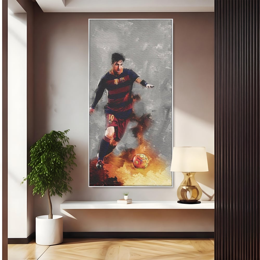 Tablou canvas cu tablou canvas cu fotbalistul lionel messi, in rama de aluminiu argintiu