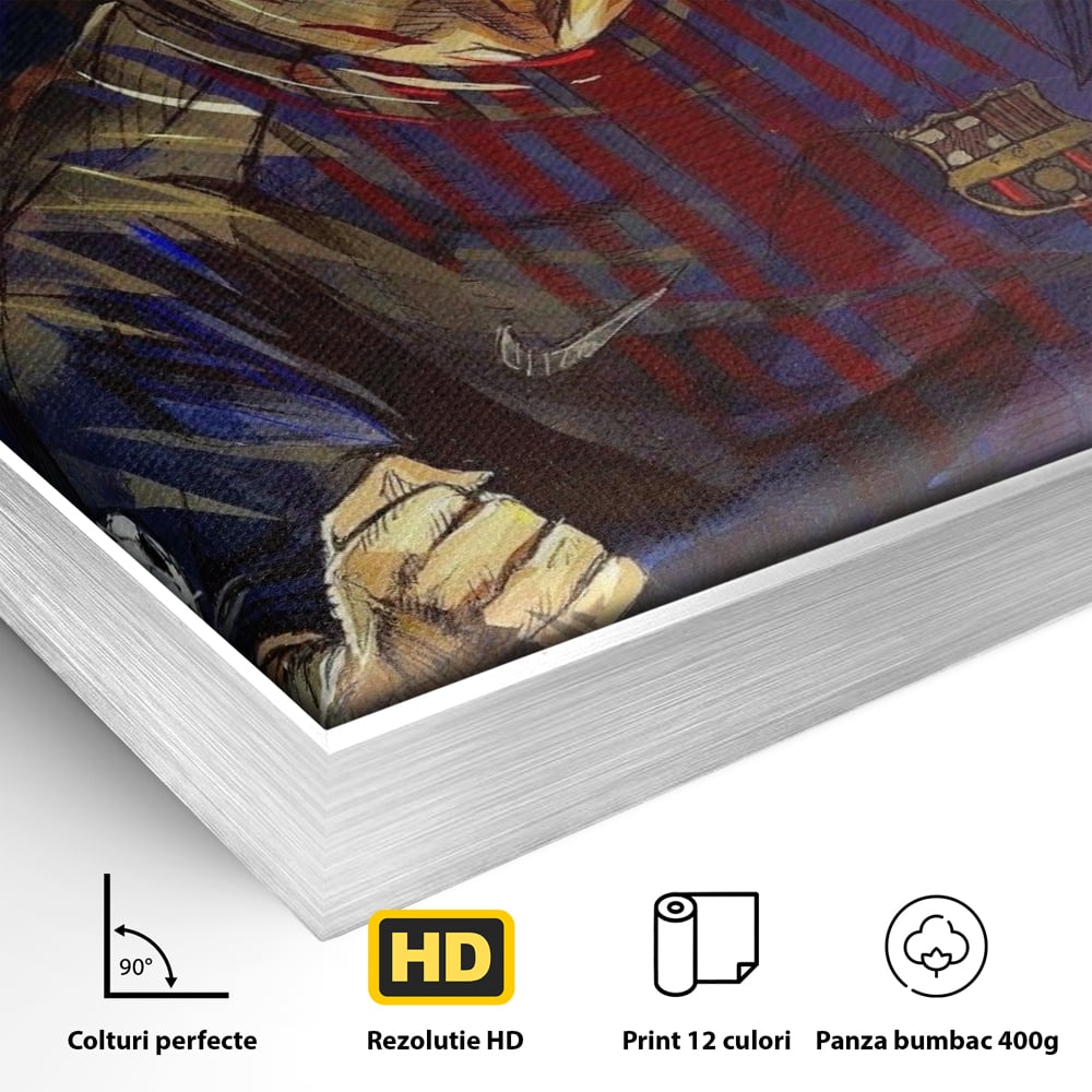 Detaliu al suprafetei: portret ilustrat in culori vibrante cu lionel messi, in rama de aluminiu argintiu