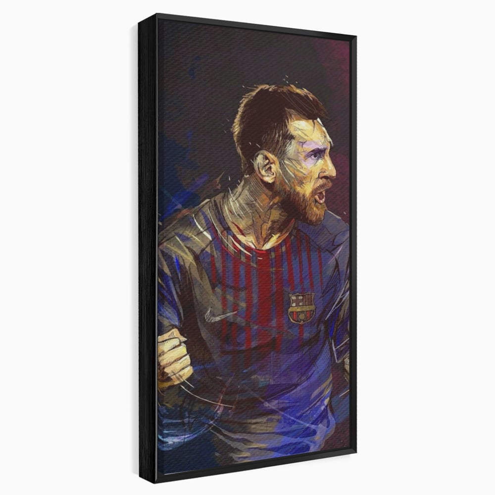 Tablou canvas cu portret ilustrat in culori vibrante cu lionel messi, in rama de aluminiu negru