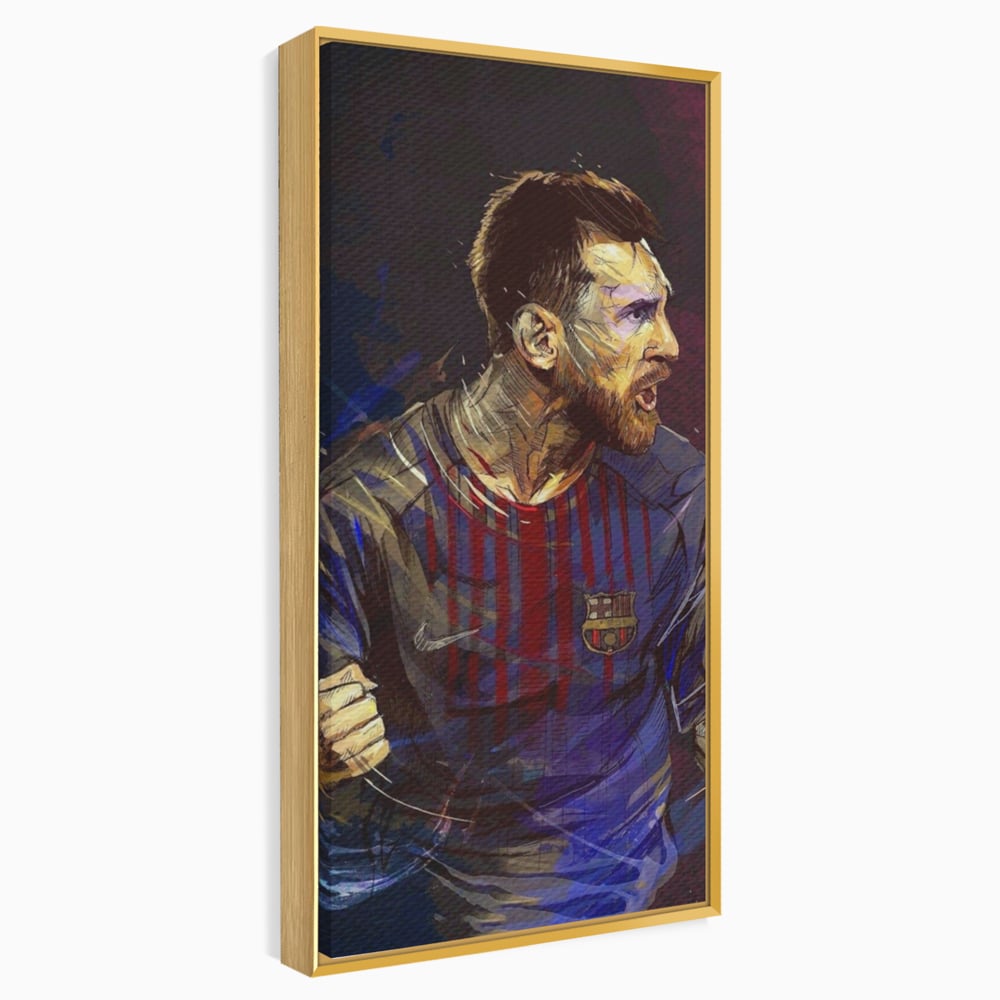 Tablou canvas cu portret ilustrat in culori vibrante cu lionel messi, in rama de aluminiu auriu