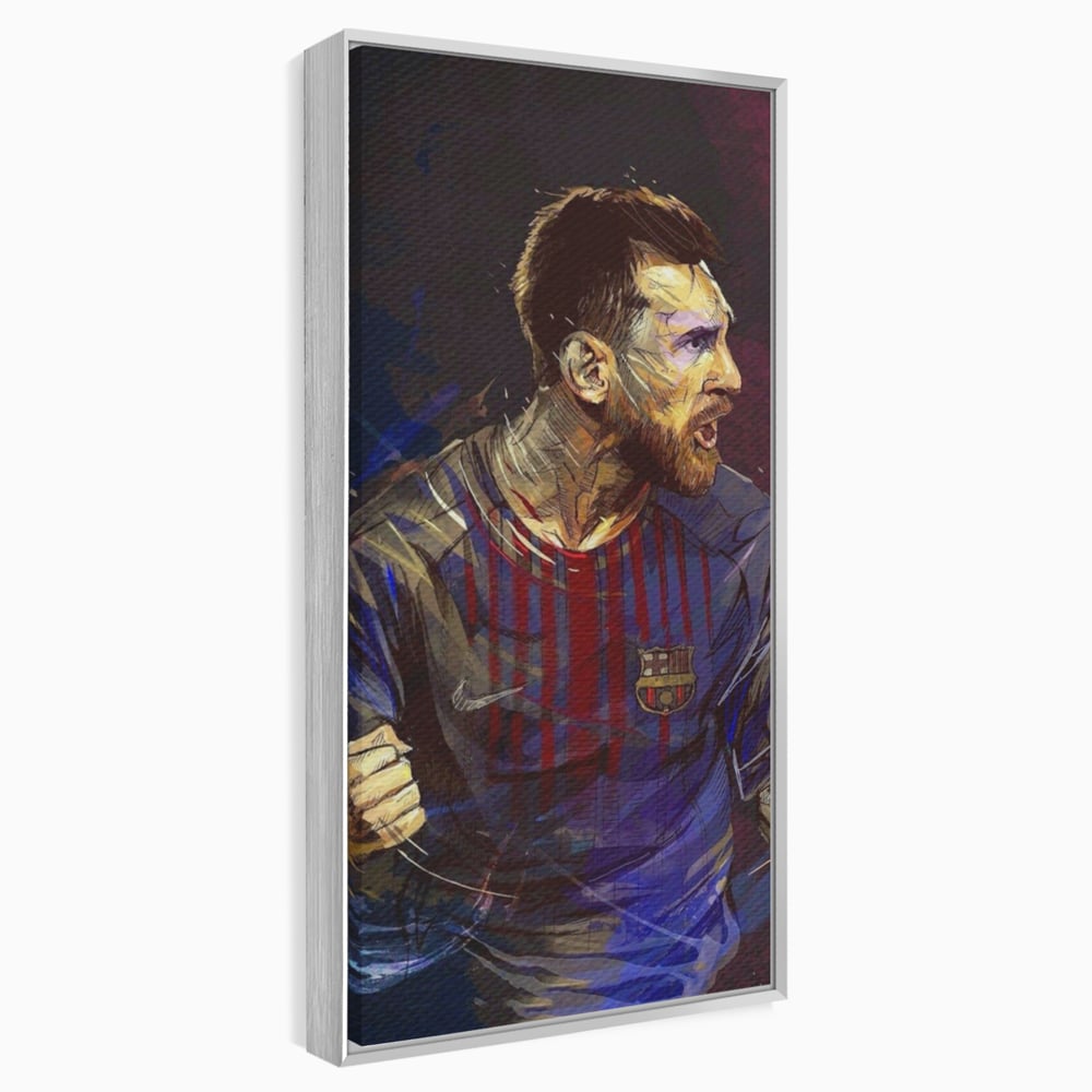 Tablou canvas cu portret ilustrat in culori vibrante cu lionel messi, in rama de aluminiu argintiu