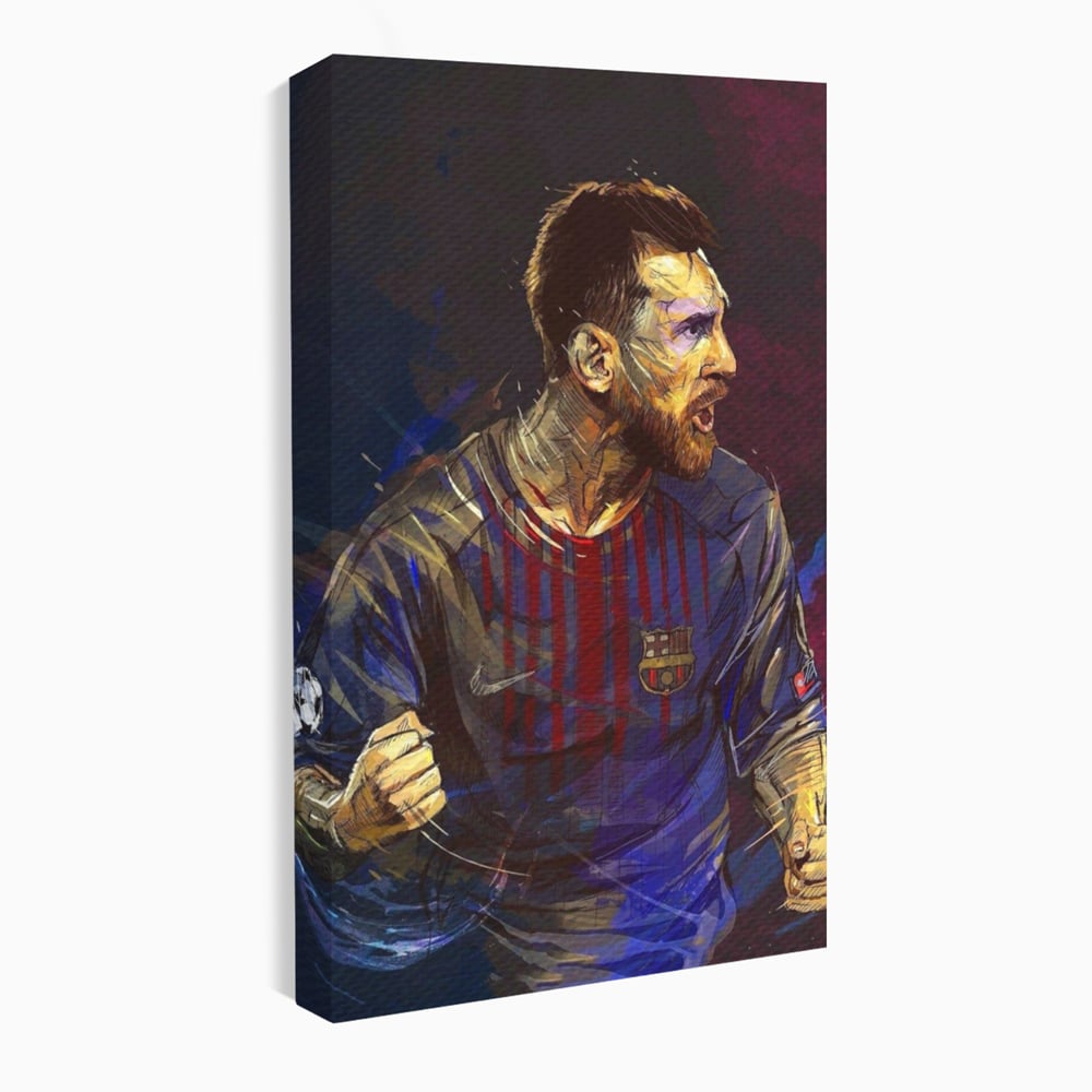 Tablou canvas cu portret ilustrat in culori vibrante cu lionel messi, fara rama, pe sasiu de lemn